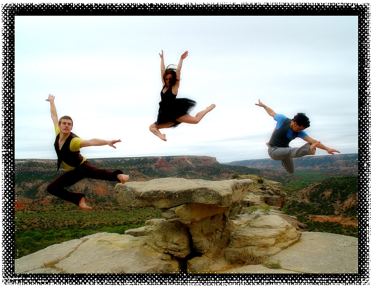 Three dancers in Palo Duro Canyon jumping off rock